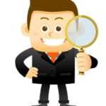 Happy guy holding magnifying glass cartoon
